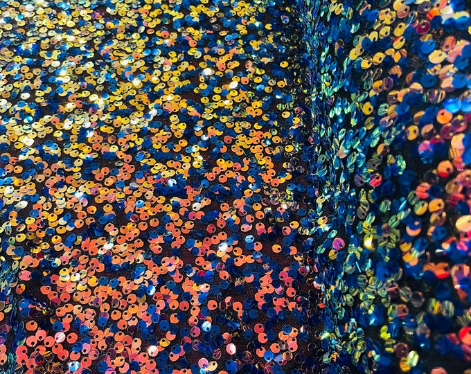 Rainbow Sequin Fabric - by the yard - On Black Spandex Mesh 4 Way Stretch Sequins Fabric, Lace sequins Prom-Gown