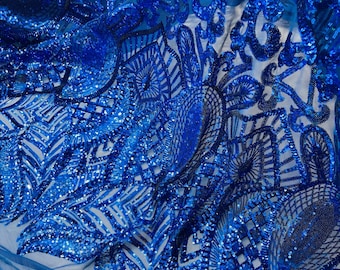 Royal Blue Sequin Fabric, Embroidered Mesh, Prom Gown Fabric By The Yard