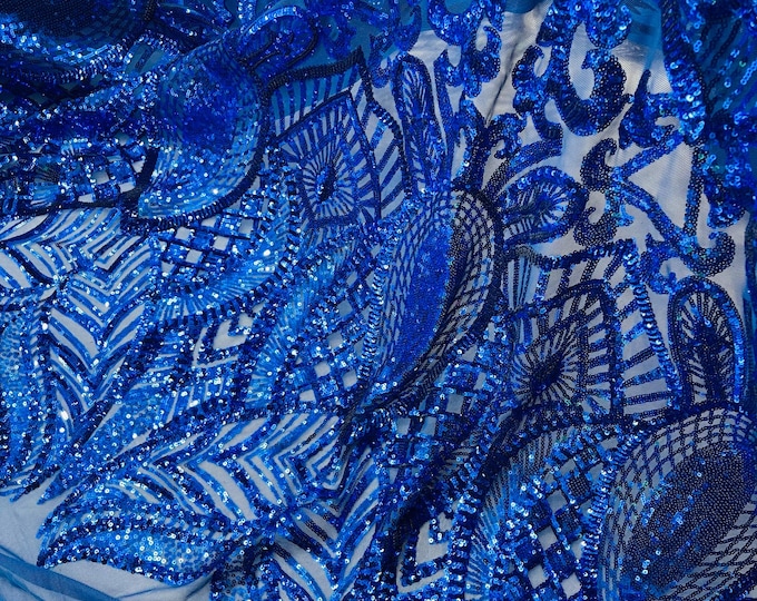 Royal Blue Sequin Fabric, Royalty Design Embroidered With Sequin on a 4 Way Stretch Sequin Fabric Mesh-Prom-Gown By The Yard