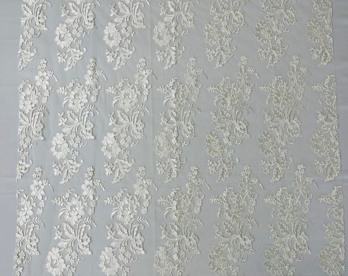 Off White Flower Design Embroidered on Mesh Lace Fabric, Floral Bridal Lace Wedding Dress by the Yard (Pick a Size)