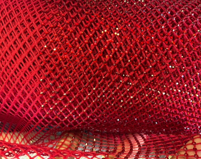 Burgundy Rhinestone Fabric On Burgundy Stretch Net Fabric, Spandex Fish Net with Crystal Stones sold by the yard