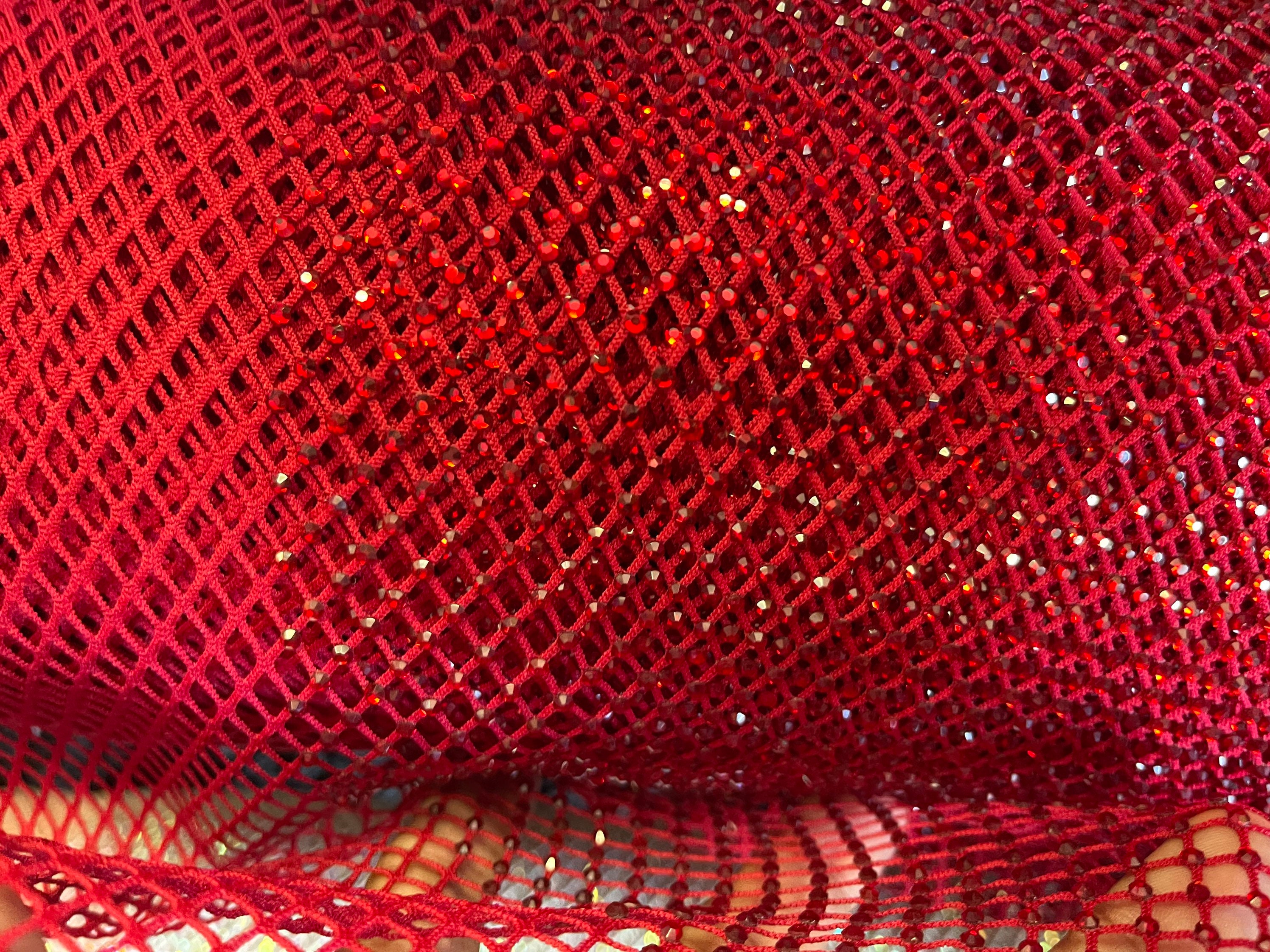 Burgundy Rhinestone Fabric On Burgundy Stretch Net Fabric, Spandex Fish Net  with Crystal Stones sold by the yard