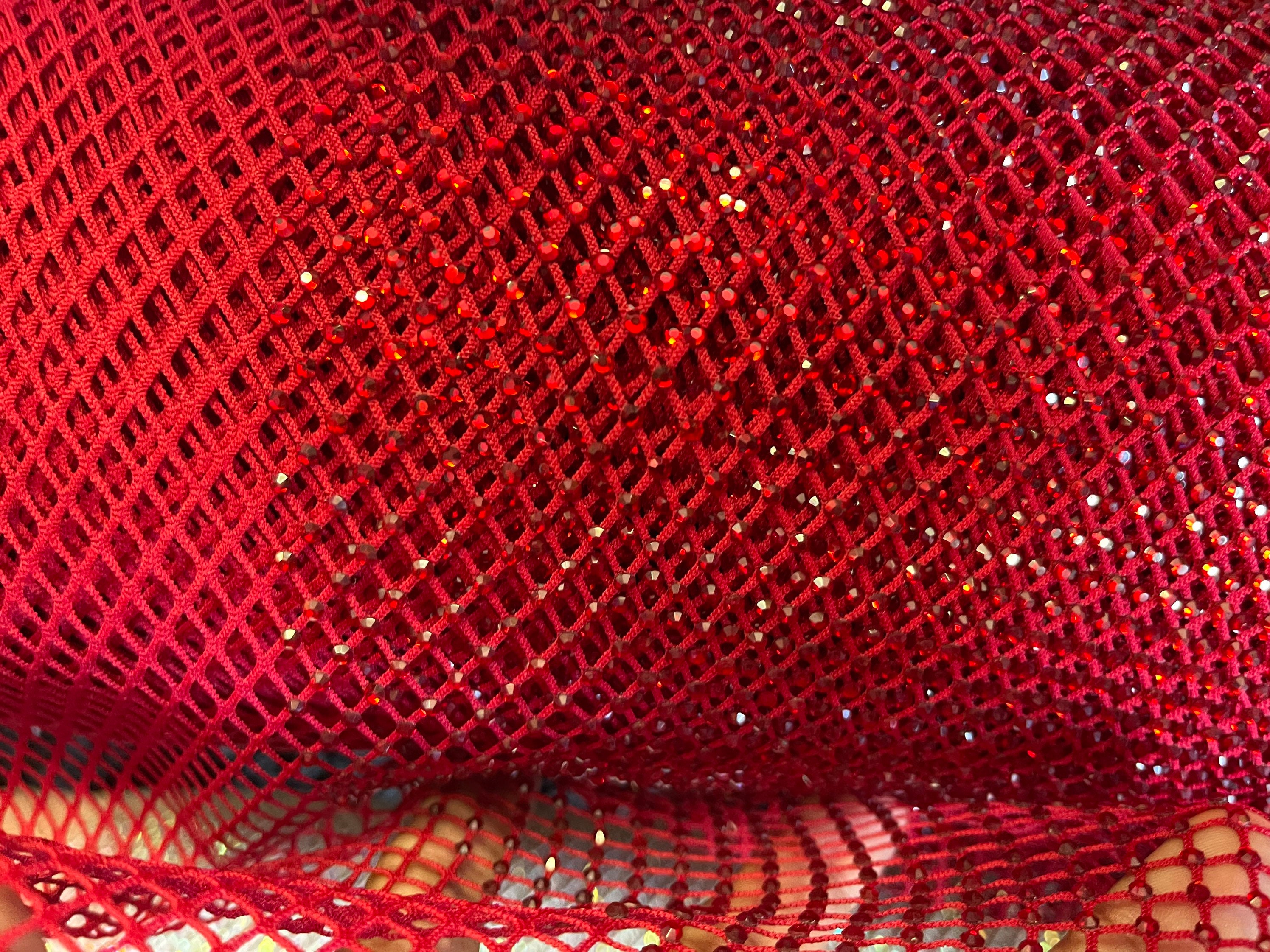 Burgundy Rhinestone Fabric On Burgundy Stretch Net Fabric, Spandex