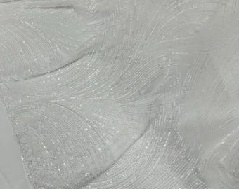 Off White Clear Beaded Fabric | Fashion Pattern With Beads and Sequin, Bridal beaded Prom Dress
