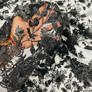Black 3D Flower Sequin Fabric, Glitter Tulle Lace, Wedding Dress