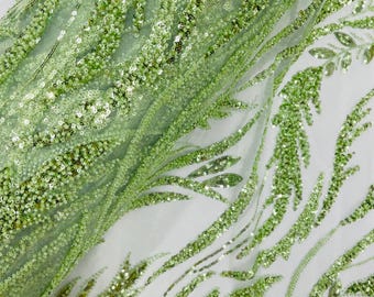 Sage Beaded Lace Fabric: Embroidered Leaf Pattern, Bridal Wedding Fabric