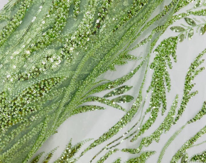 Sage Beaded Lace Fabric: Embroidered Leaf Pattern, Bridal Wedding Fabric