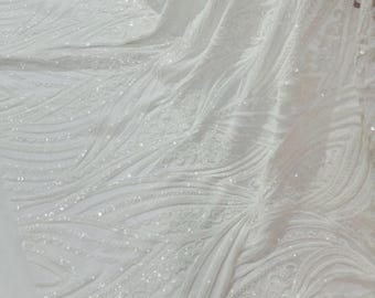 White Sequin Fabric: Embroidered Damask Design, 4-Way Stretch Lace - Prom/Gown