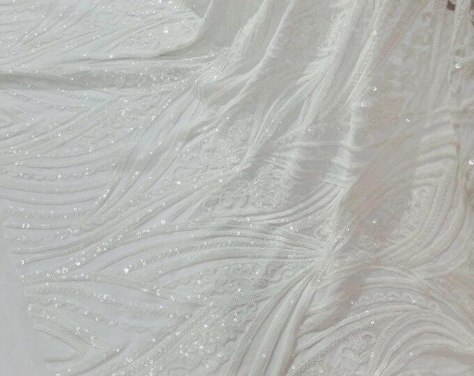 White Sequins Fabric 4 Way Stretch on a Mesh | Embroidered Damask Design With Sequin Lace Prom-Gown by the yard