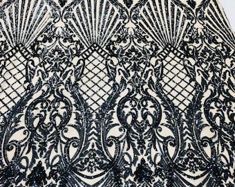 Holographic Black Sequin Damask Fabric: 4-Way Stretch Mesh, Prom Gown