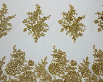 Gold Lace Fabric: Floral Embroidered Mesh, Bridal Wedding Dress Lace by the Yard