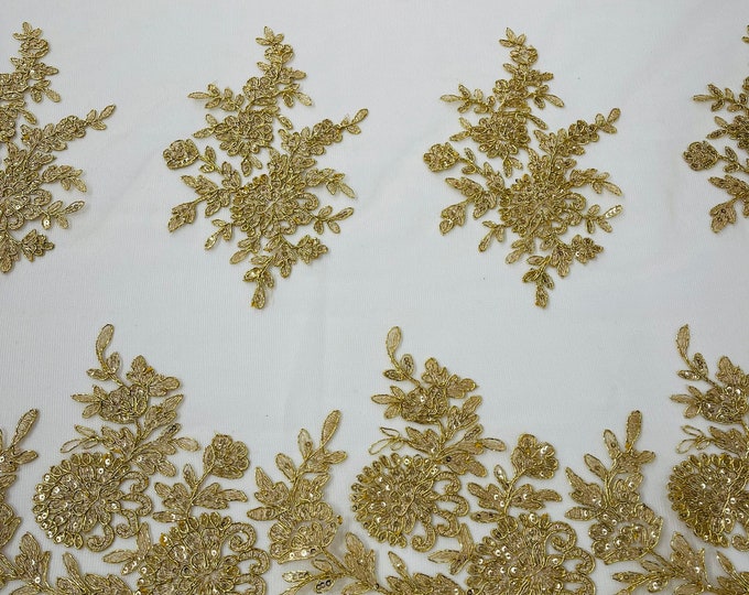 Metallic Gold Lace Flower Design Embroidered on Mesh Lace Fabric, Floral Bridal Lace Wedding Dress by the Yard (Pick a Size)