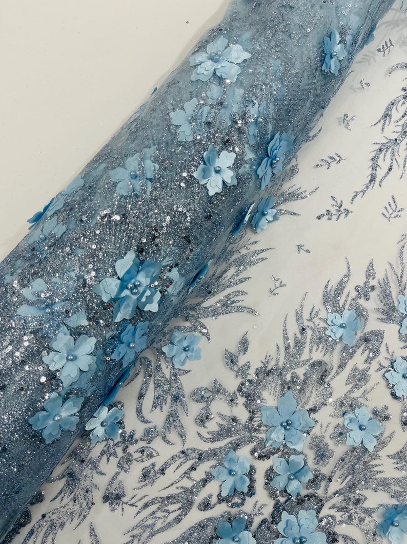 Baby Blue Glitter Floral Mesh, Glitter 3D Flower Sequin Fabric, Wedding ...