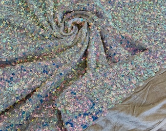 Clear Iridescent Sequin Fabric on Taupe Stretch Velvet - by the yard | Sequins Velvet 2-way Stretch | Taupe Velvet