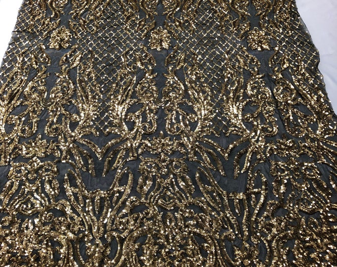 Gold Sequin Luxury Damask Design Embroidered Spandex 4way Stretch Sequin By Yard -Prom-Gown ( Choose The Size )