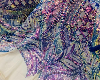 Embroidered Sequin Fabric, Royalty Design, 4-Way Stretch Mesh, Prom Gown Fabric