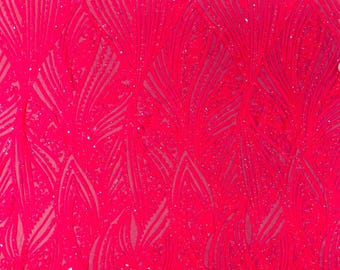 Hot Pink Sequin Fabric: 4-Way Stretch Embroidered Damask Lace