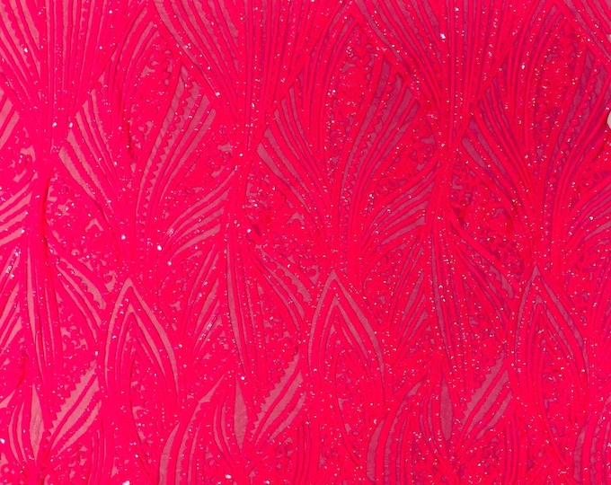 Hot Pink Sequins Fabric 4 Way Stretch on a Mesh | Embroidered Damask Design With Sequin Lace Prom-Gown by the yard