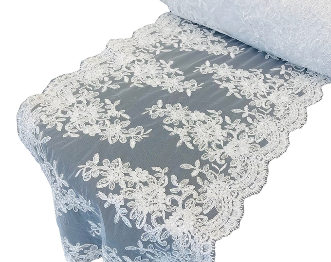 White Floral Lace Fabric For Runner 14” Inch - by the yard - Embroidery With Sequins on a Mesh Lace Fabric For Wedding
