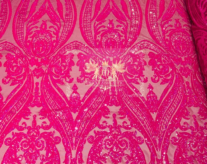 Hot Pink Holographic Sequins - 4 Way Stretch Fancy Big Damask Design Sequins on Spandex Mesh Prom Gala Gown Fabric By The Yard