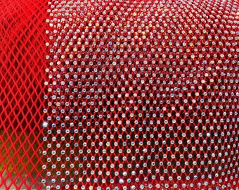 Iridescent Rhinestones Fabric On Red Stretch Net Fabric, Spandex Fish Net with Crystal Stones sold by the yard