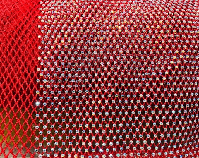 Iridescent Rhinestones Fabric On Red Stretch Net Fabric, Spandex Fish Net with Crystal Stones sold by the yard