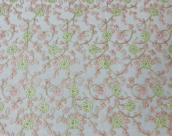 Gold Floral Embroidered Lace Fabric: Pink Leaves Ivory Tulle by the yard