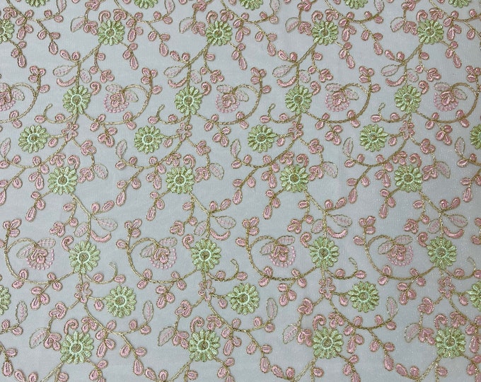 Metallic Gold Flowers With Pink Leaves Embroidered on Ivory Tulle, Corded Lace Fabric by the yard, Multi Colors Floral Design (Pick a Size)