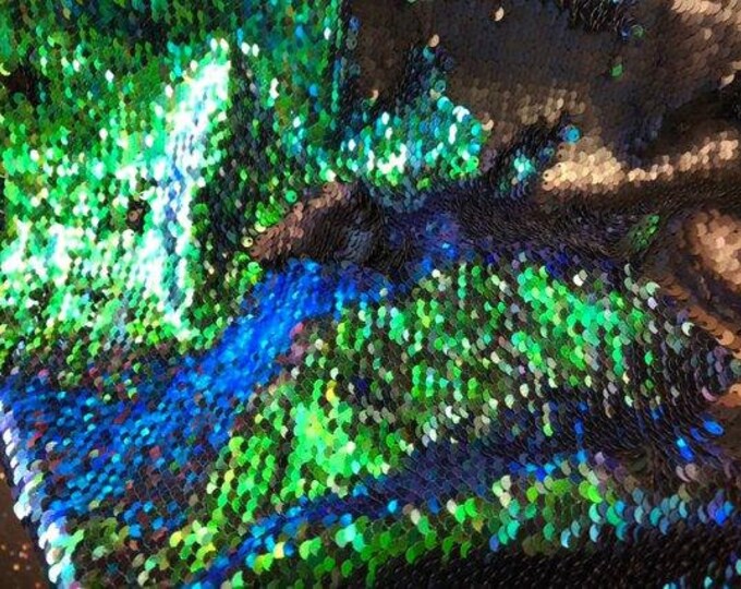 Iridescent Green/Black Flip Up Sequins Reversible, 2-Way Stretch 58/60” Sequins Fabric Dresses-Nightgowns-Prom Gown (Choose The Quantity)