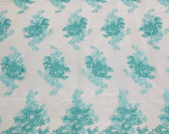 Aqua Floral Embroidery Lace Fabric: Scalloped Edge Mesh, Bridal Gown
