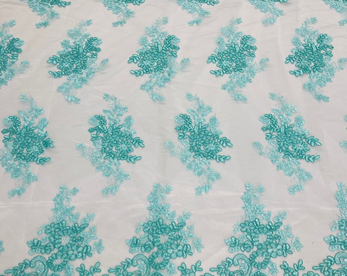 Aqua Floral Lace Fabric, Embroidery on a Mesh Lace Fabric By The Yard For Gown, Wedding-Bridal-Dress