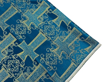Teal & Gold Cross Brocade Fabric: Religious Jacquard By The Yard