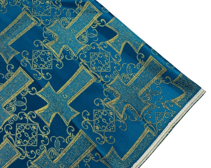 Teal Gold Liturgical Metallic Cross Brocade Fabric By The Yard, Religious Brocade, Cross Brocade Jacquard, Ecclesiastical Jacquard-Church