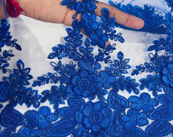 Royal Blue 3D Flower Embroidery Lace Fabric, Wedding Bridal Dress