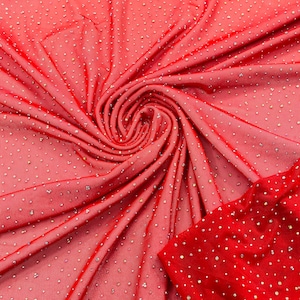 Red | AB Rhinestones Fabric On Red Power Mesh Polyester Spandex Fabric With Crystal Stones | AB Rhinestones Fabric sold by yard