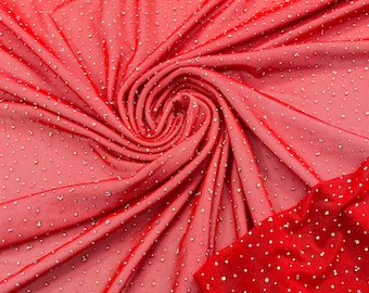 Red | AB Rhinestones Fabric On Red Power Mesh Polyester Spandex Fabric With Crystal Stones | AB Rhinestones Fabric sold by yard