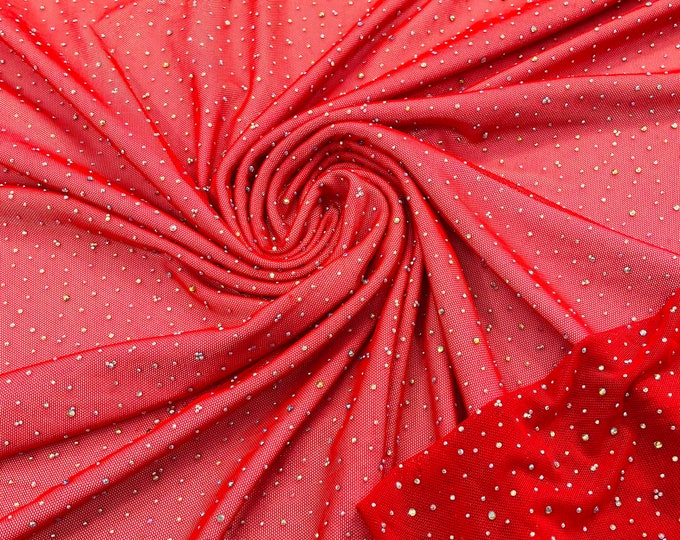 Red | AB Rhinestones Fabric On Red Power Mesh Polyester Spandex Fabric With Crystal Stones | AB Rhinestones Fabric sold by yard