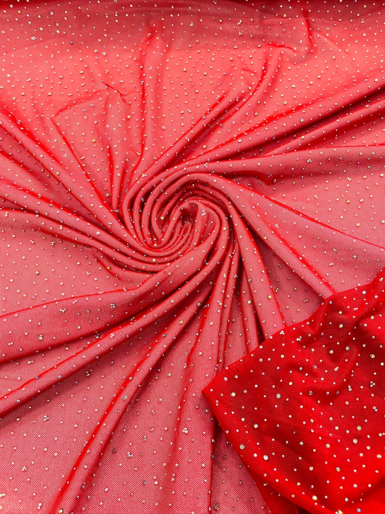 Red | AB Rhinestones Fabric on Red Power Mesh Polyester Spandex Fabric ...
