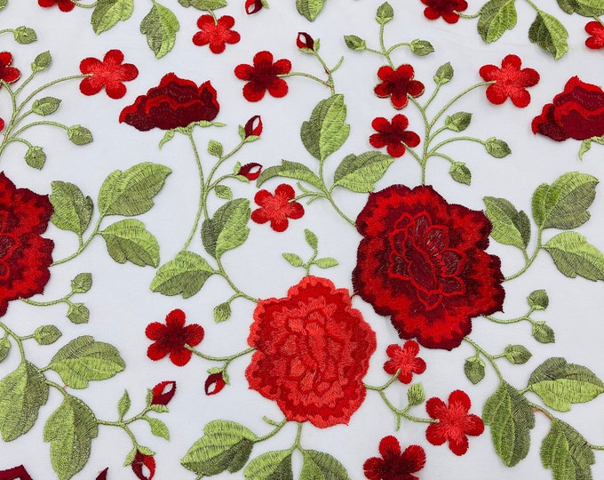 Red Floral and Leaves Embroidery on Nude Mesh Lace Fabric , Floral Bridal Lace Wedding Dress by the Yard (Pick a Size)