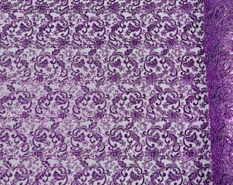 Metallic Grape Floral Lace Fabric By The Yard, Embroidery With Sequins on a Mesh Lace Fabric, Corded sequins Lace