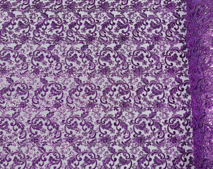 Metallic Grape Floral Lace Fabric By The Yard, Embroidery With Sequins on a Mesh Lace Fabric, Corded sequins Lace