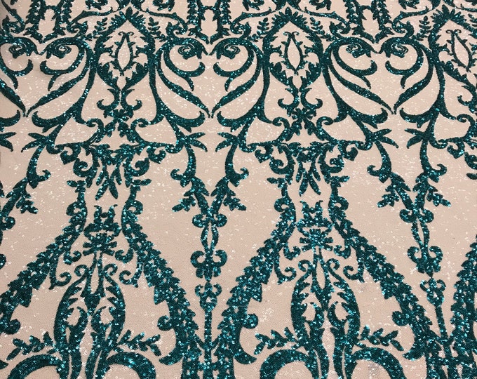 Two Tone Teal Green Sequins Lace Fabric On Mesh Damask Design Embroidered On 4way Stretch Sequin By The Yard -Prom-Gown ( Choose The Size )