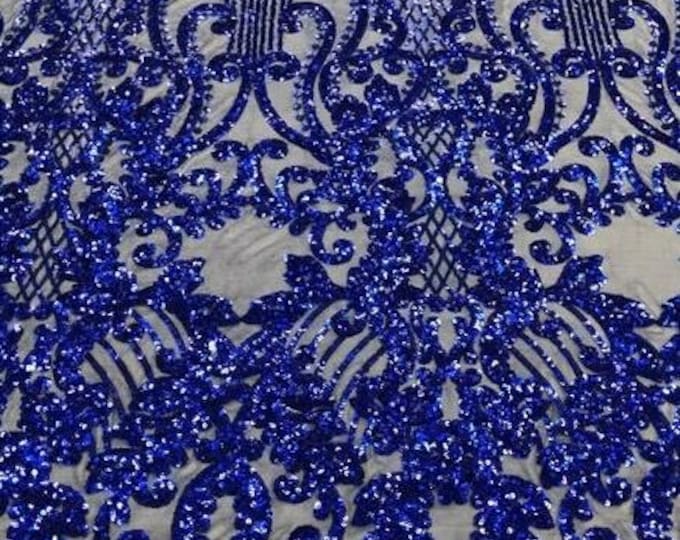 Royal Blue Sequins Lace Fabric On a Mesh Damask Design Embroidered On 4 way Stretch Sequin By The Yard -Prom-Gown ( Choose The Size )