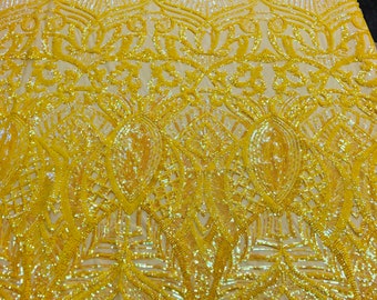 Iridescent Yellow Sequin Fabric, Royalty Design Embroidered With Sequin on a 4 Way Stretch Sequin Fabric Mesh-Prom-Gown By The Yard