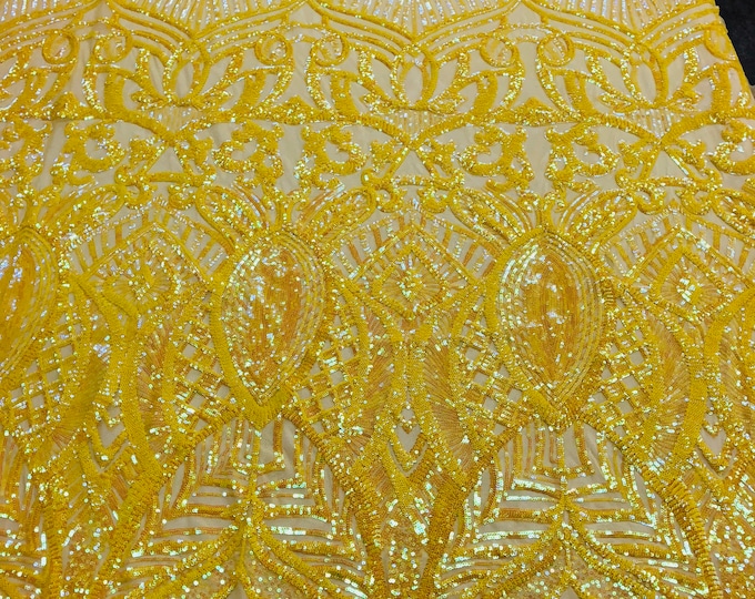 Iridescent Yellow Sequin Fabric, Royalty Design Embroidered With Sequin on a 4 Way Stretch Sequin Fabric Mesh-Prom-Gown By The Yard