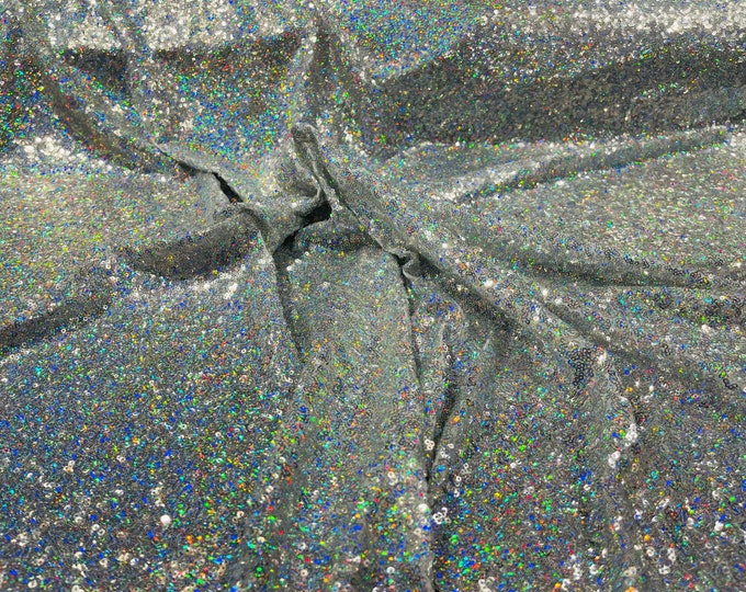 Silver Mini Glitz Holographic Sequins on White Spandex Mesh, 4Way Stretch Sequin Fabric Dresses-Nightgowns-Prom Gown (Choose The Size)