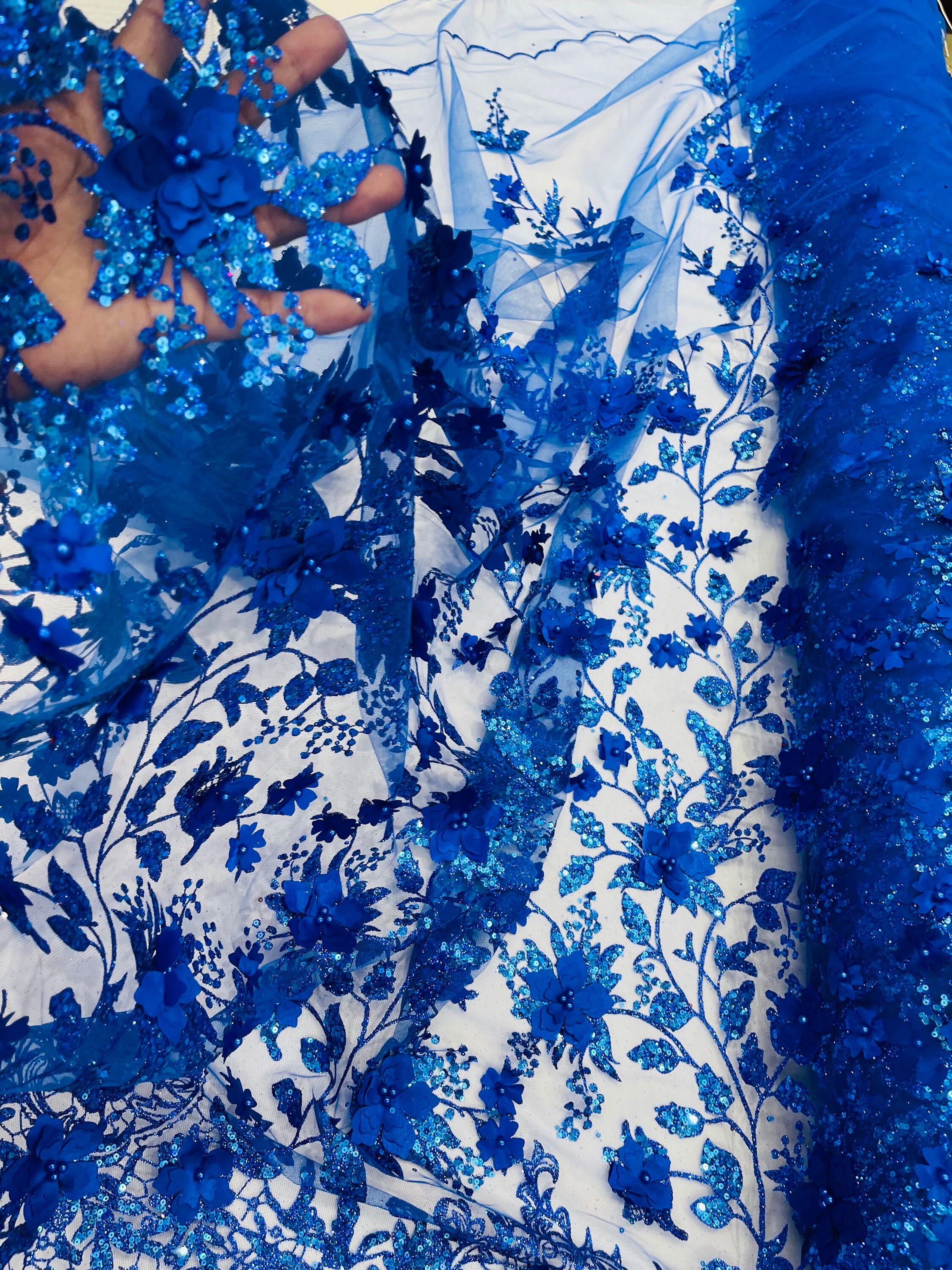 Royal Blue 3D Flower Glitter Sequin Fabric by the Yard, 3D Floral ...