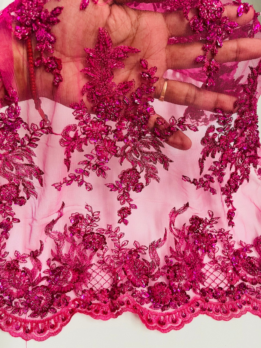 Fuchsia Pink Sequins & Beads on Chiffon Fabric main image 1