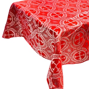Red Silver Religious Brocade Tablecloth - Liturgical Fabric, Ecclesiastical Jacquard Tablecloth, Church Vestment, Cross Brocade Tablecloth