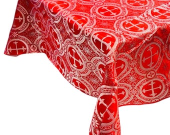 Red Cross Brocade Tablecloth: Religious Liturgical Fabric